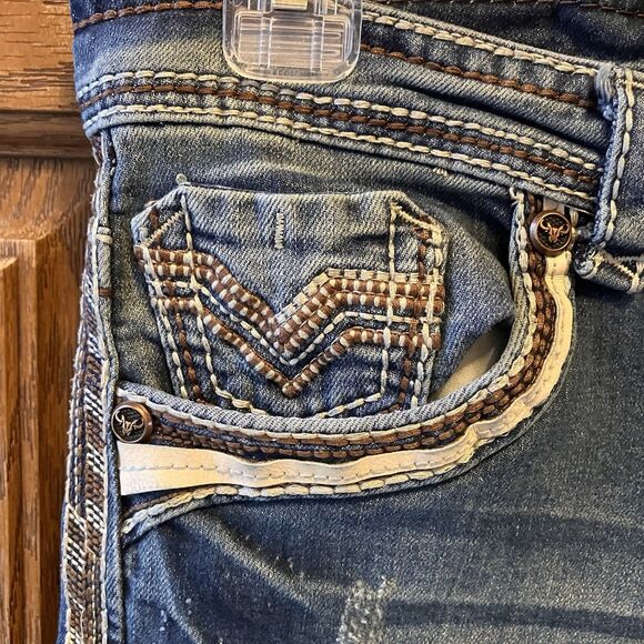 Plantini Holt Men's Low Rise Cowboy Slim Boot-cut Jeans 34x27 Distressed Stretch - Picture 5 of 16